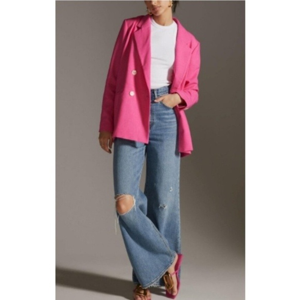 Maeve Anthropologie Blazer Womens 0 Hot Pink Double Breasted Jacket Career Bold